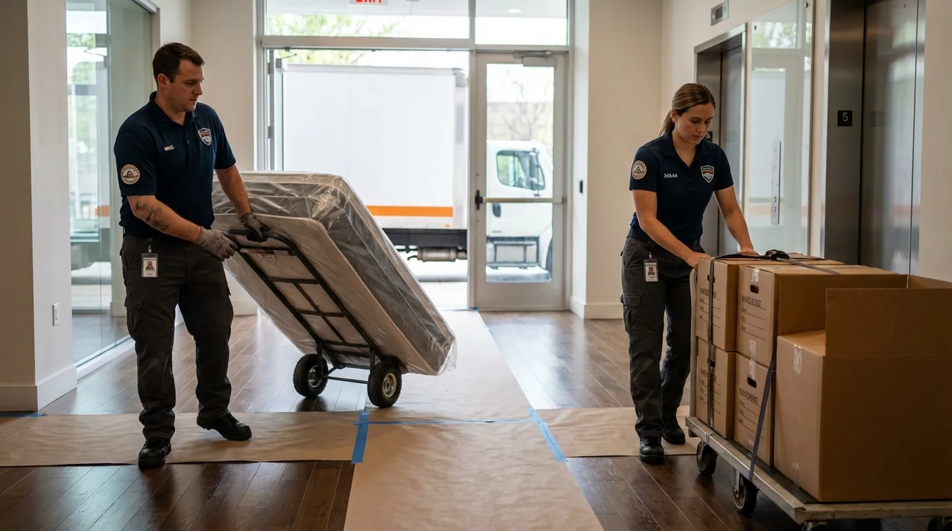 Professional apartment movers loading elevator in Sparks, GA